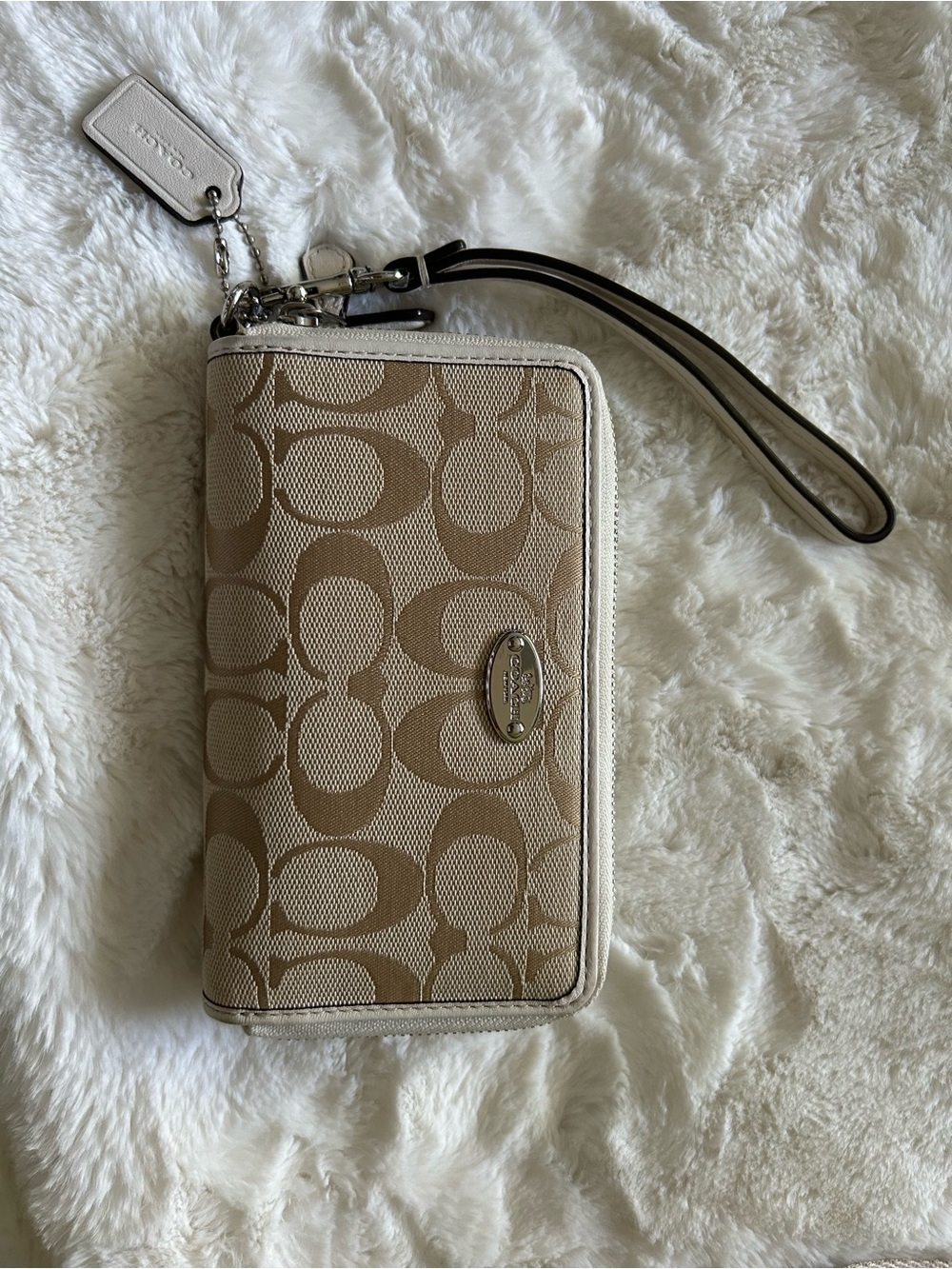 Coach Tan and Cream Signature Canvas Zip Wristlet